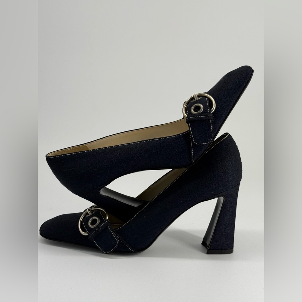 Prada Calzature Donna Linen and Leather Buckle Heels Size EU 37 1/2 - Picture 4 of 9